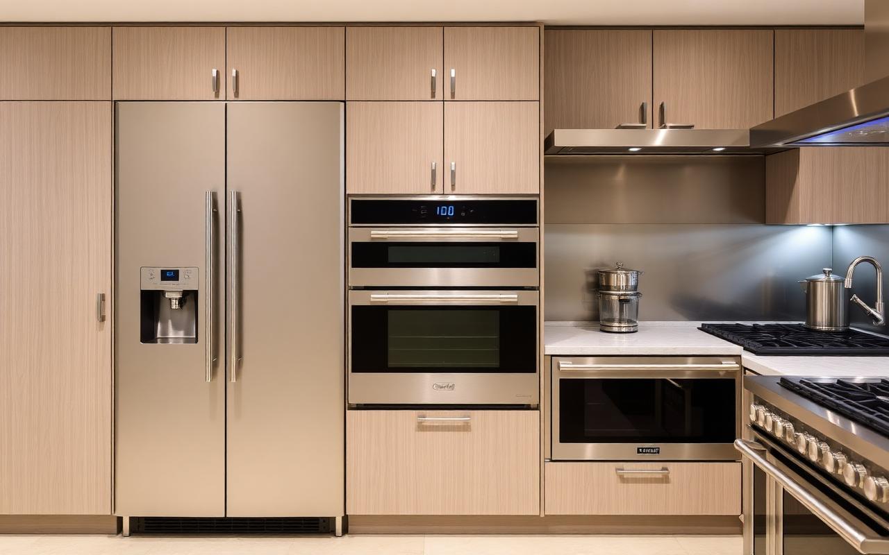 Luxury kitchen appliance suite with integrated refrigerator column, double wall ovens, and professional range