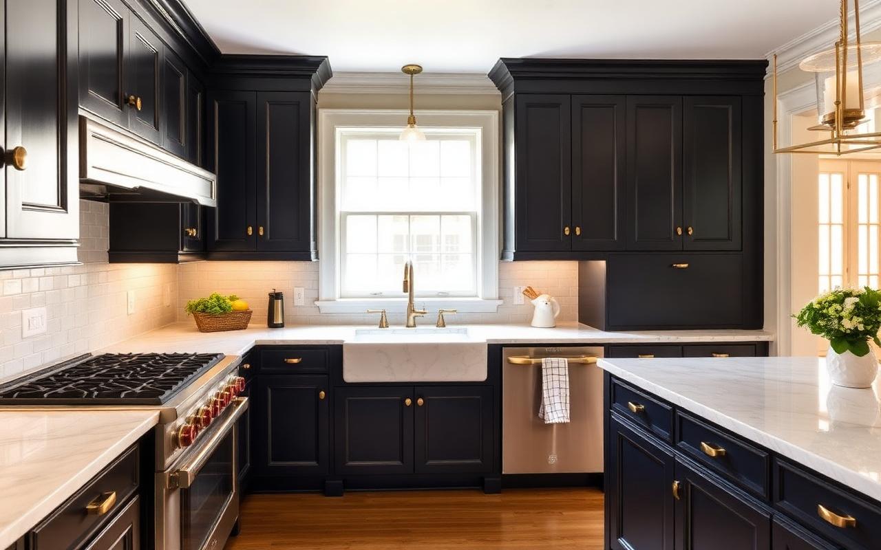 Restored Boston brownstone kitchen with deep navy inset cabinetry and brass hardware
