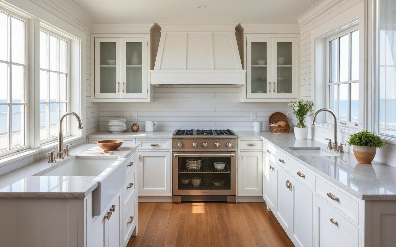 Cape Cod coastal kitchen with white painted shaker cabinetry, soapstone counters, and ocean view