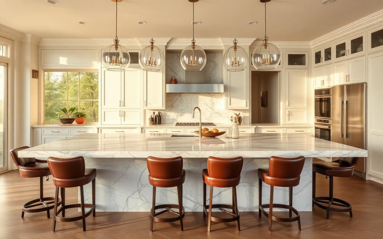 Twelve-foot luxury kitchen island with quartzite top and leather counter stools