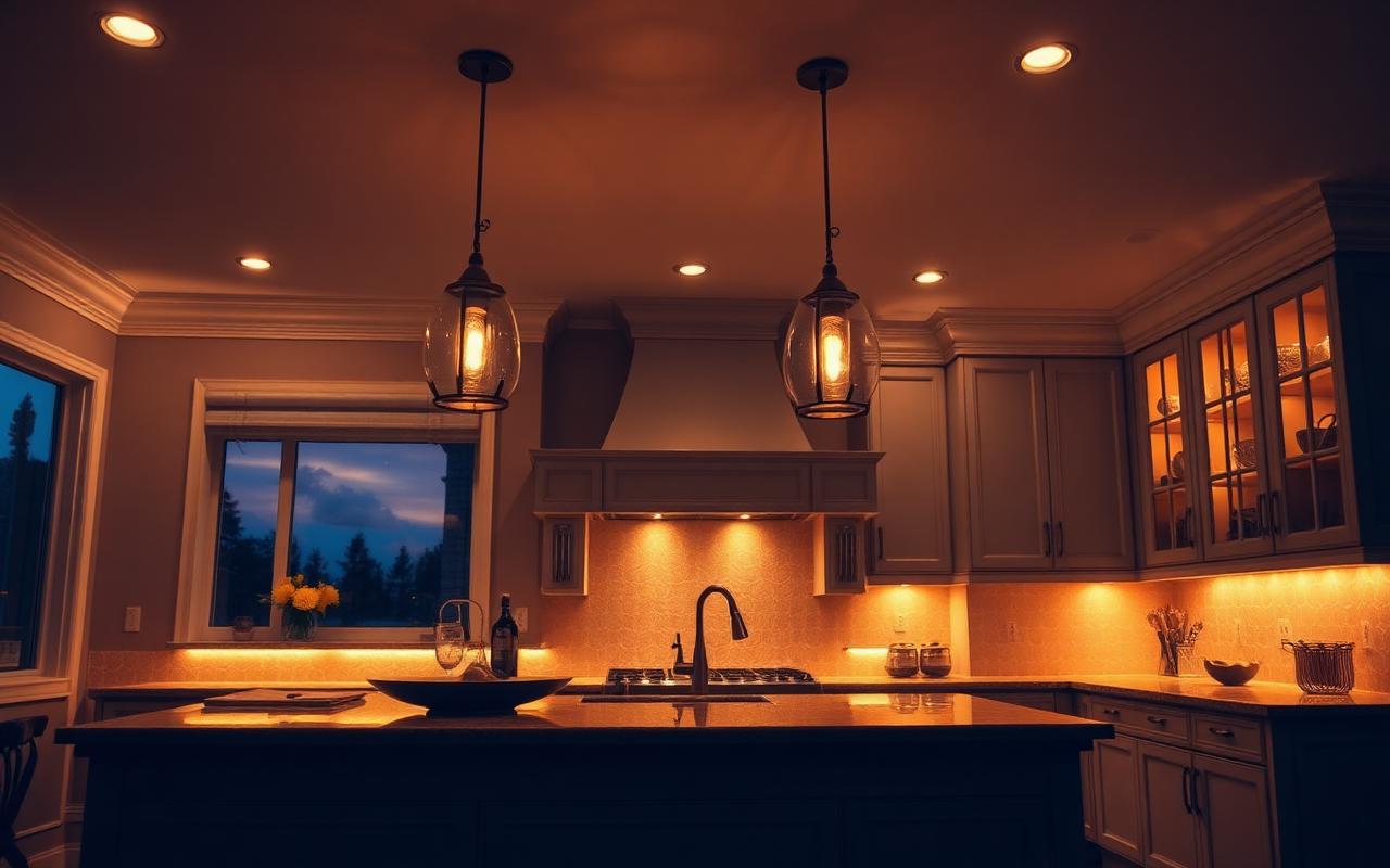 Luxury kitchen at dusk with layered lighting from pendants, under-cabinet, recessed, and accent sources