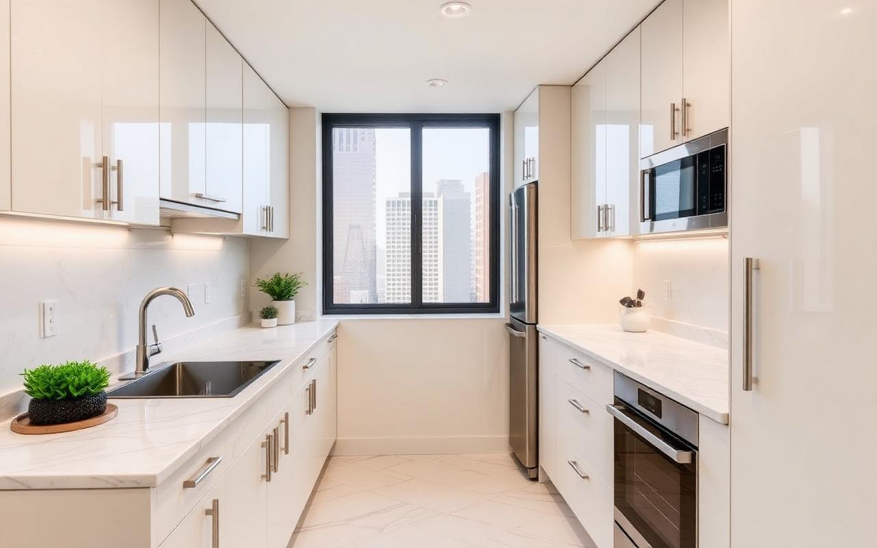 Compact luxury galley kitchen in a Boston condo with marble counters and city view
