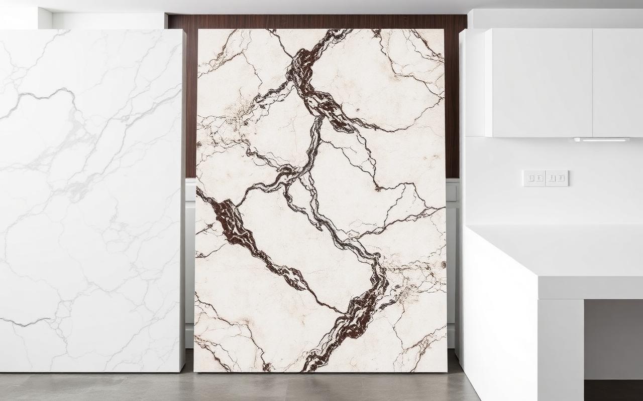 Marble, quartzite, and quartz countertop slabs side by side in a design studio
